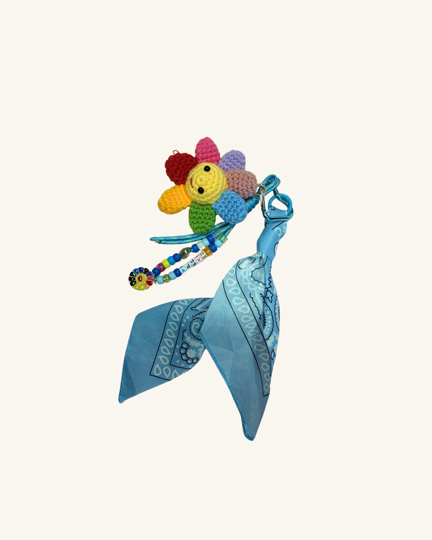 Bag charm bandana bleu et fleur en crochet