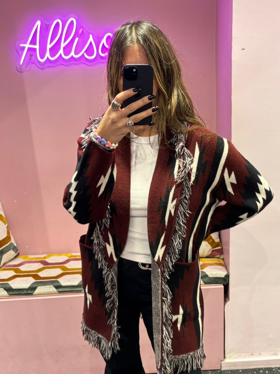 Gilet long motifs aztèques