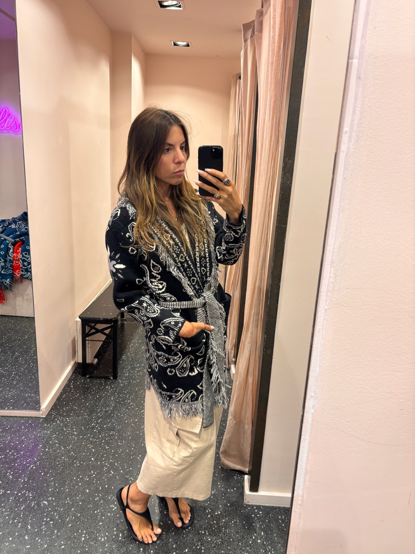 Gilet Bandana mi-long en maille cinturé