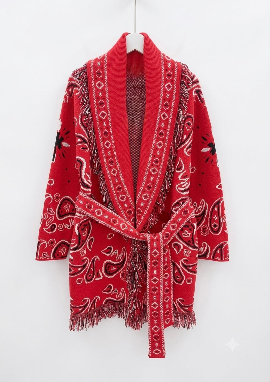 Gilet Bandana mi-long en maille cinturé