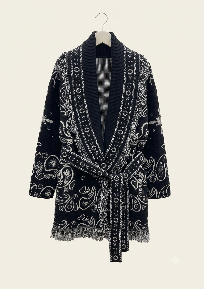 Gilet Bandana mi-long en maille cinturé
