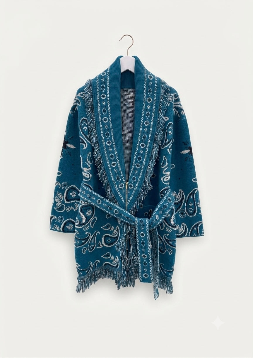 Gilet Bandana mi-long en maille cinturé