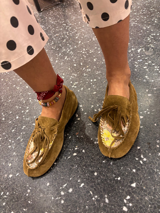 Mocassins souples en daim et sequins dorés - ANNIEL