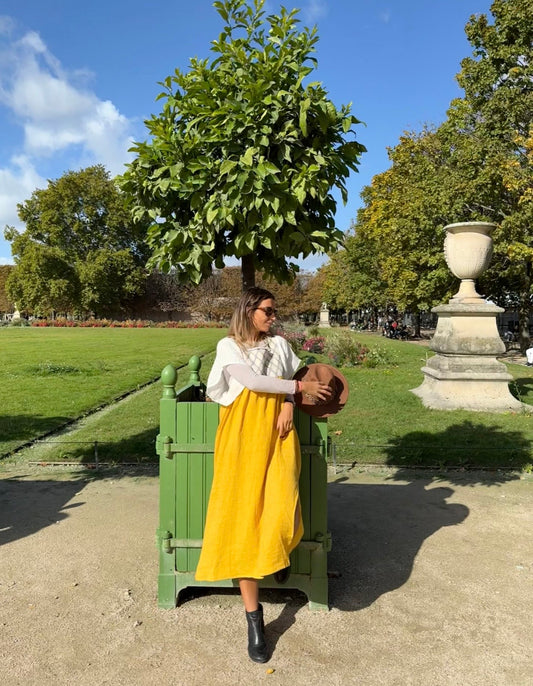 NINA LEUCA – Robe longue jaune ocre & écru