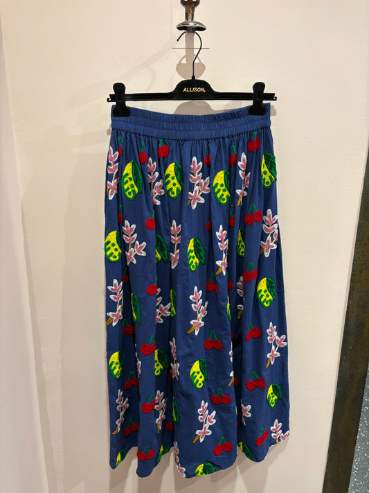 Jupe brodée bleu marine & motifs végétaux (lemon) –  XIWIKJ