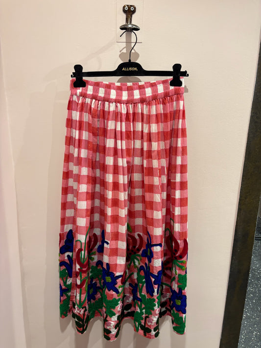 Jupe brodée vichy rouge & fleurs multicolores (parasadia) – XIWIKJ