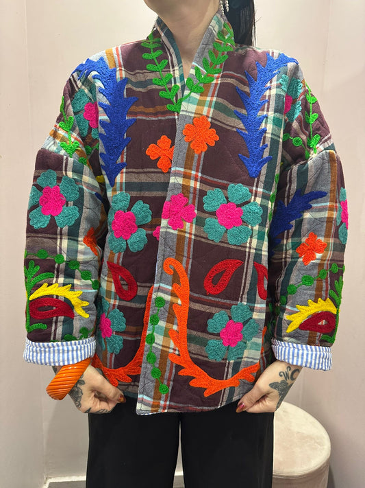 Kimono artisanal - tons bleu gris et prune
