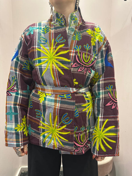 Kimono artisanal - tons bordeaux, bleu et gris, motifs jaunes