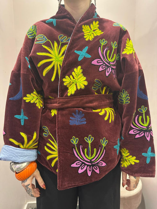Kimono artisanal - velours prune