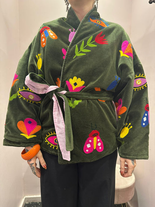 Kimono artisanal - velours kaki